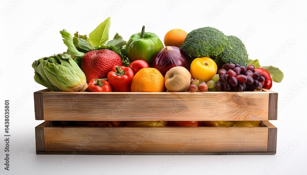 wooden crate filled with fresh and colorful fruits and vegetables on white background wooden crate filled with fresh and colorful fruits and vegetables on white background
