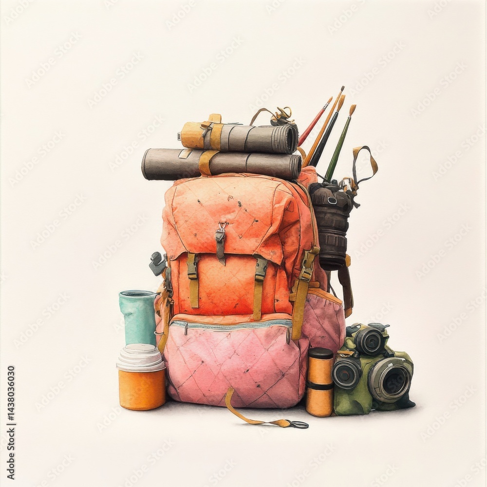 A detailed outdoor backpack surrounded by camping gear and accessories on a light background.