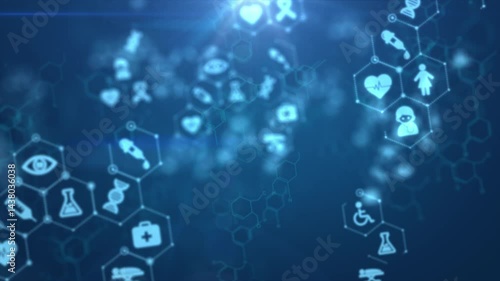 Futuristic digital health interface with glowing medical icons, DNA, molecules, and technology symbols on a blue background. Concept of innovation in modern medicine.