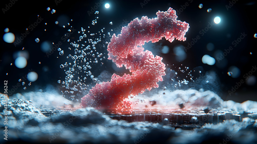 An abstract illustration features a vibrant red structure suspended amidst glowing orbs and swirling particles a visually striking design. Consider for science fiction or medical fields. An abstract illustration features a vibrant red structure suspended amidst glowing orbs and swirling particles a visually striking design. Consider for science fiction or medical fields.