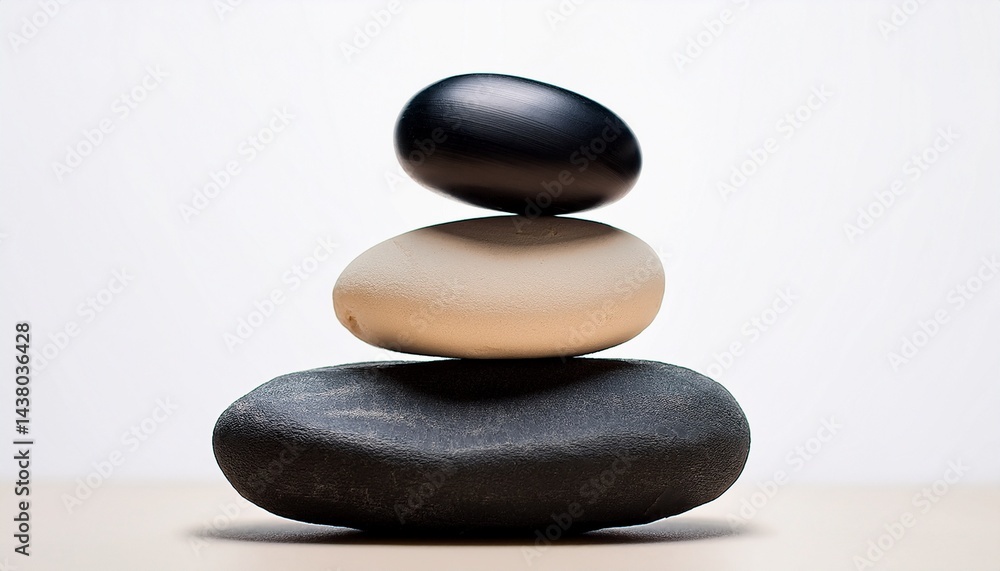 two contrasting stones one black and one beige stacked artistically for design white background two contrasting stones one black and one beige stacked artistically for design white background