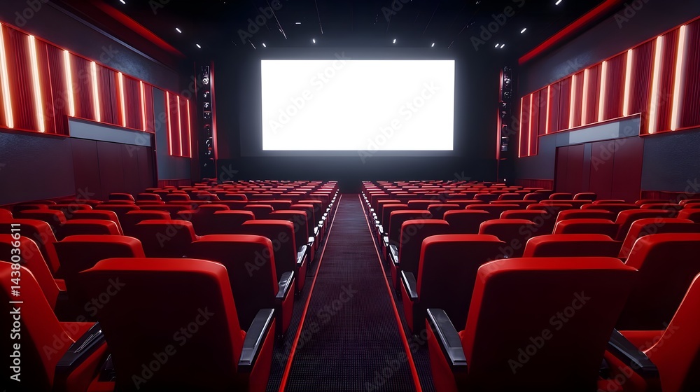 Fototapeta premium Modern Red Cinema Auditorium Interior with Empty Seats and Screen