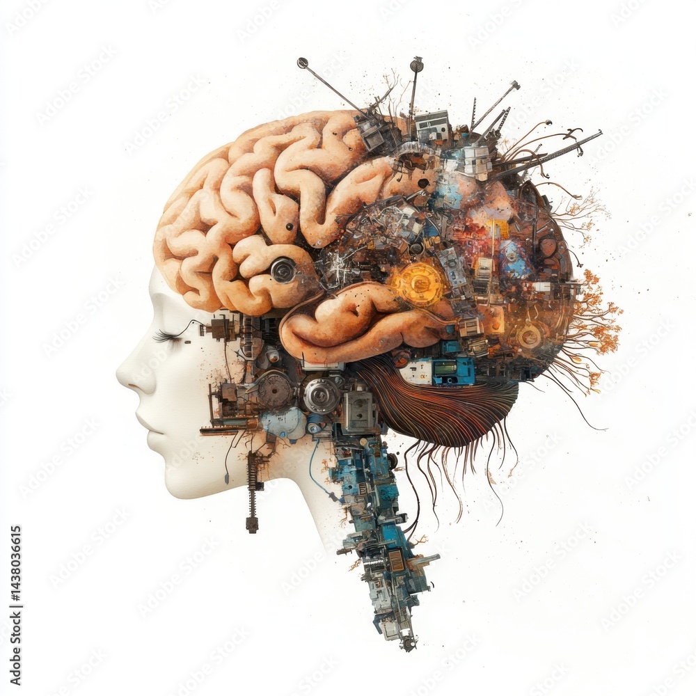 A surreal illustration of a woman's profile merging with a brain and mechanical elements, symbolizing the fusion of thought and technology.