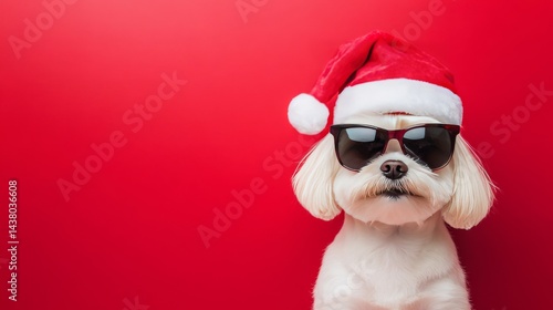 Dog on red background, merry christmas concept holiday winter animal pet greeting card - cool santa claus dog wearing sunglasses and christmas hat