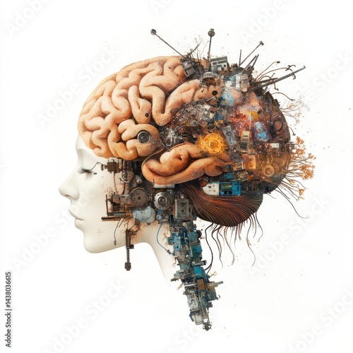 Obraz na płótnie A surreal illustration of a woman's profile merging with a brain and mechanical elements, symbolizing the fusion of thought and technology. w salonie