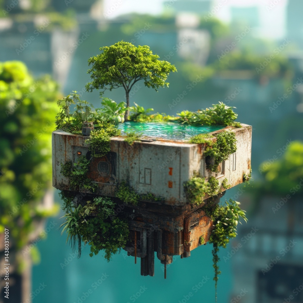 A suspended, overgrown structure surrounded by greenery, blending nature and urban decay in a surreal setting.