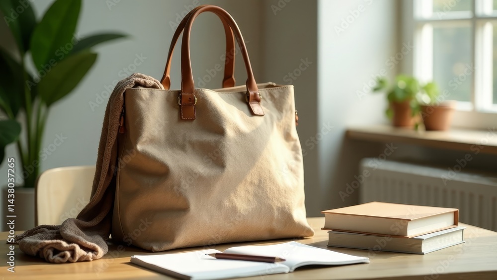 custom made wallpaper toronto digitalA beige canvas tote bag with leather handles rests on a wooden table, accompanied by a folded knitted scarf and a notepad with a pen, near a stack of books in soft natural light.