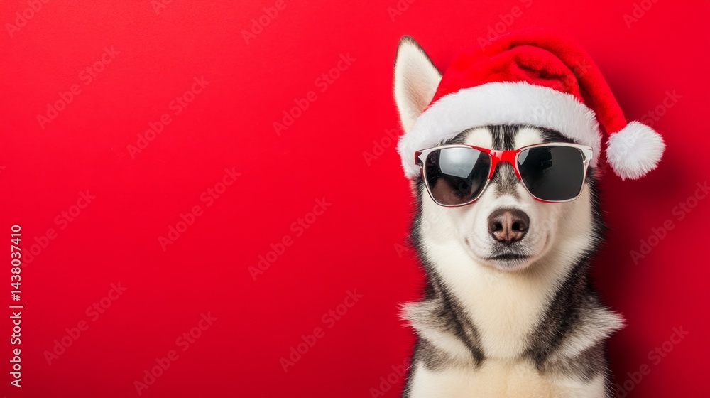 Dog on red background, merry christmas concept holiday winter animal pet greeting card - cool santa claus dog wearing sunglasses and christmas hat Dog on red background, merry christmas concept holiday winter animal pet greeting card - cool santa claus dog wearing sunglasses and christmas hat