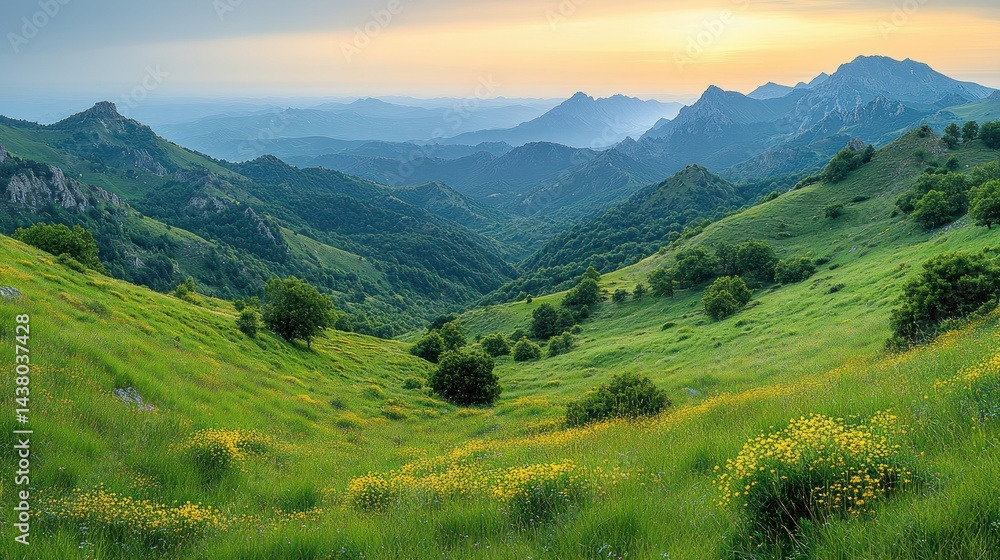 Naklejka premium Lush mountain valley at sunset