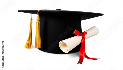 A graduation cap with a golden tassel and a diploma tied with a red ribbon on a white background created with generated ai