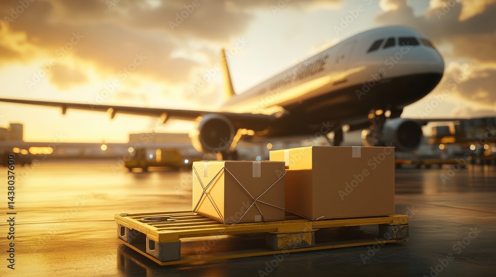 Cargo boxes on a pallet at an airport runway with a cargo airplane in the background during sunset. Cargo boxes on a pallet at an airport runway with a cargo airplane in the background during sunset.
