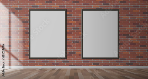 two blank picture poster frames on the brick wall gallery museum interior mock up vector illustration