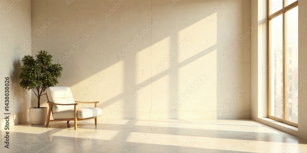 Fototapeta premium Serene Minimalist Room Interior Design with Sunlight Streaming Through Large Window and Comfortable Armchair