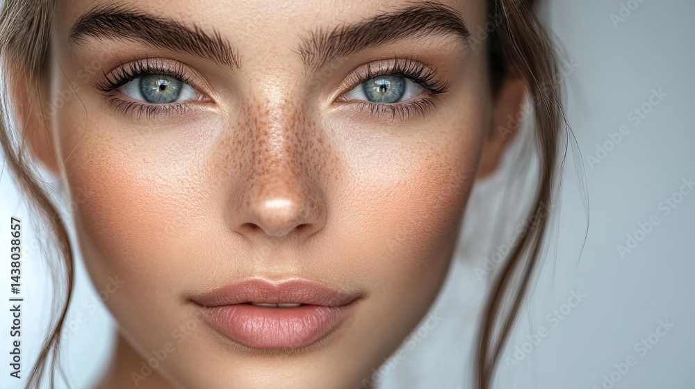 Close up portrait of a young woman with blue eyes, freckles, and natural makeup on a light background Close up portrait of a young woman with blue eyes, freckles, and natural makeup on a light background