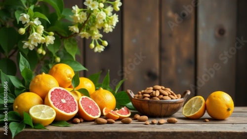 Aromatic Citrus Fruits, Freshly Cut Grapefruit, and a Bowl of Almonds on Rustic Wooden Surface