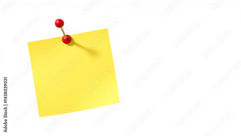 A yellow sticky note pinned to a white background with a red push pin casting a slight shadow on the paper created with generated ai A yellow sticky note pinned to a white background with a red push pin casting a slight shadow on the paper created with generated ai