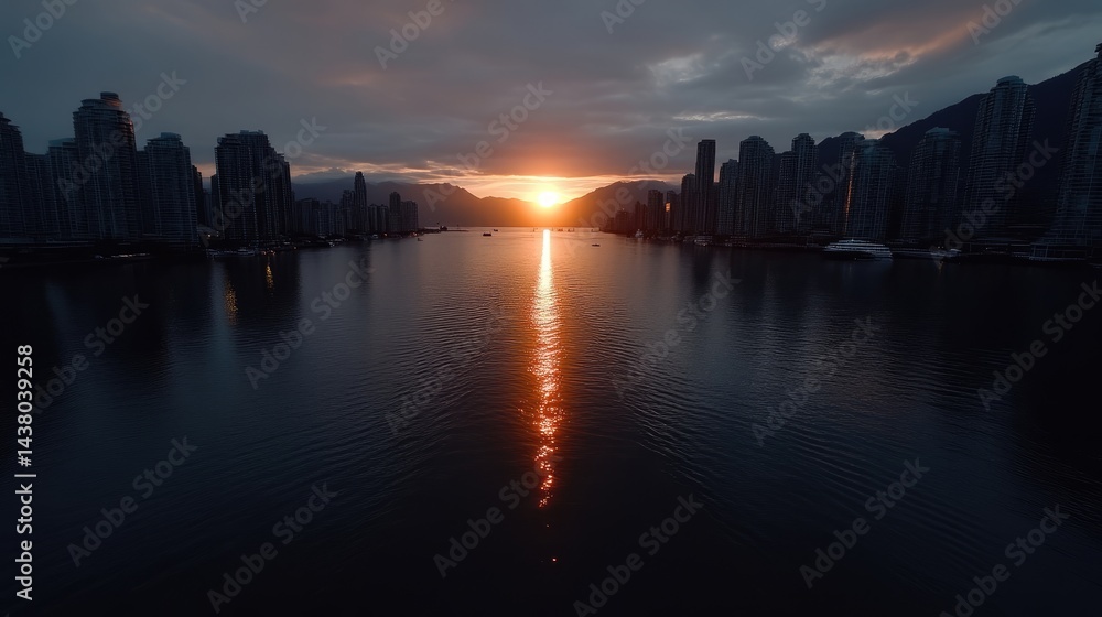 Fototapeta premium Sunset over city skyline reflected in water