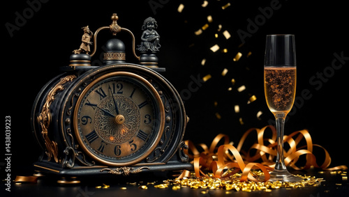 Vintage clock striking midnight with champagne and confetti for new year celebration scene at night created with generated ai