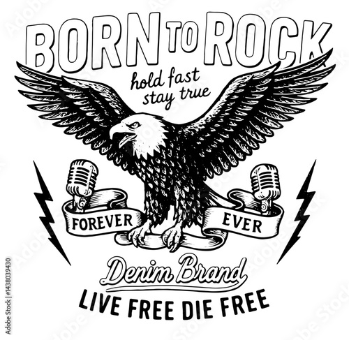 Music poster, Black and White, Eagle illustration, Rockstar, rock&roll, Rock Music, Metal Music