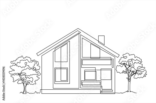 Abstract country house in continuous line art drawing style. Family home minimalist black linear design isolated on white background. Vector illustration	