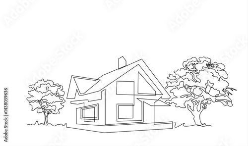 Abstract country house in continuous line art drawing style. Family home minimalist black linear design isolated on white background. Vector illustration	