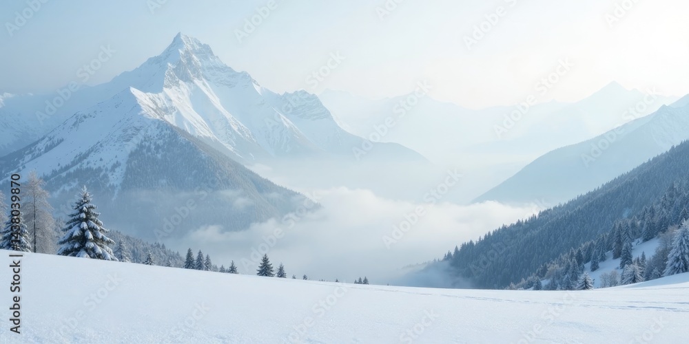 Fototapeta premium Serene Winter Mountainscape Snow-Covered Peaks and Misty Valleys, a Breathtaking View of Nature's Tranquility