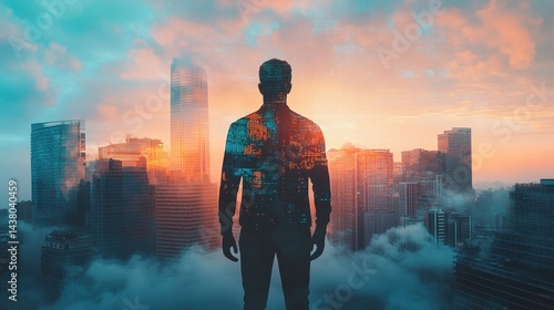 Double exposure of business theme hologram drawing and city veiw background. Concept of success. 