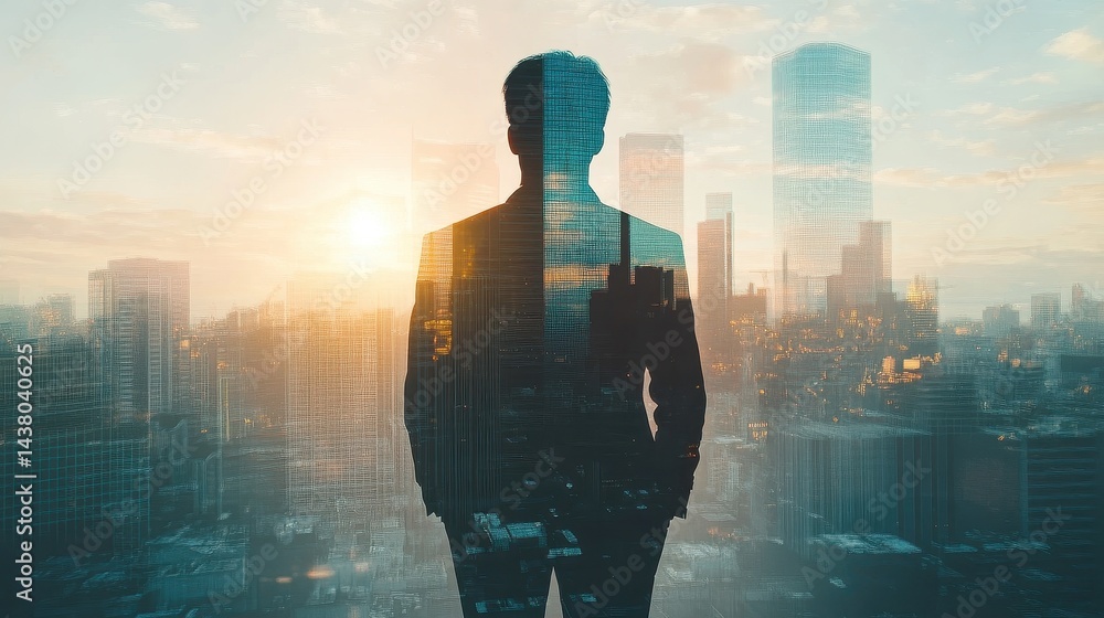Double exposure of business theme hologram drawing and city veiw background. Concept of success.