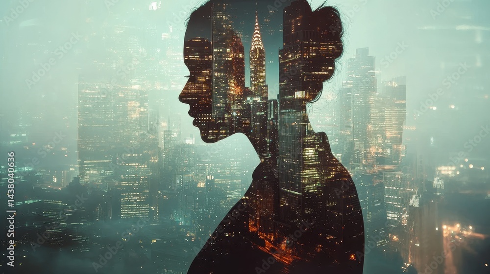 Double exposure of business theme hologram drawing and city veiw background. Concept of success.