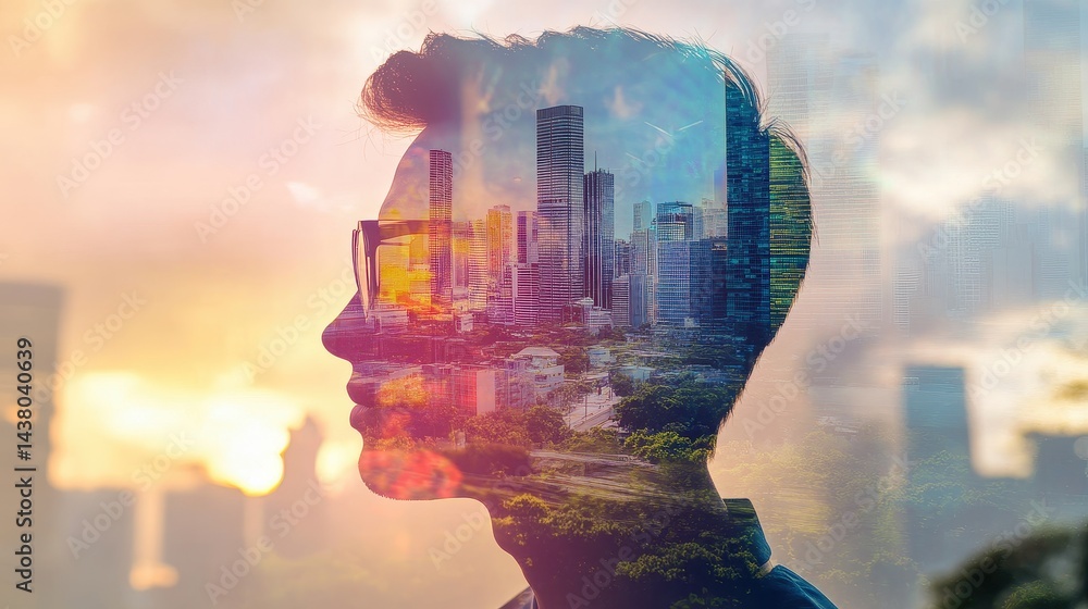 Double exposure of business theme hologram drawing and city veiw background. Concept of success.