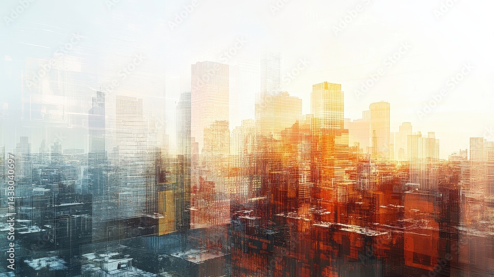 Double exposure of business theme hologram drawing and city veiw background. Concept of success.