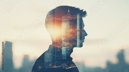 Obraz na płótnie Double exposure of business theme hologram drawing and city veiw background. Concept of success. w salonie