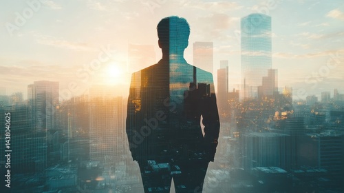 Obraz na płótnie Double exposure of business theme hologram drawing and city veiw background. Concept of success. w salonie