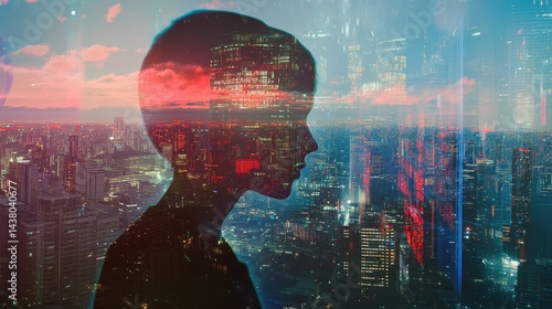 Obraz na płótnie Double exposure of business theme hologram drawing and city veiw background. Concept of success. w salonie
