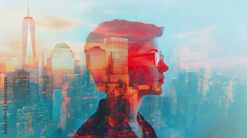 Double exposure of business theme hologram drawing and city veiw background. Concept of success.