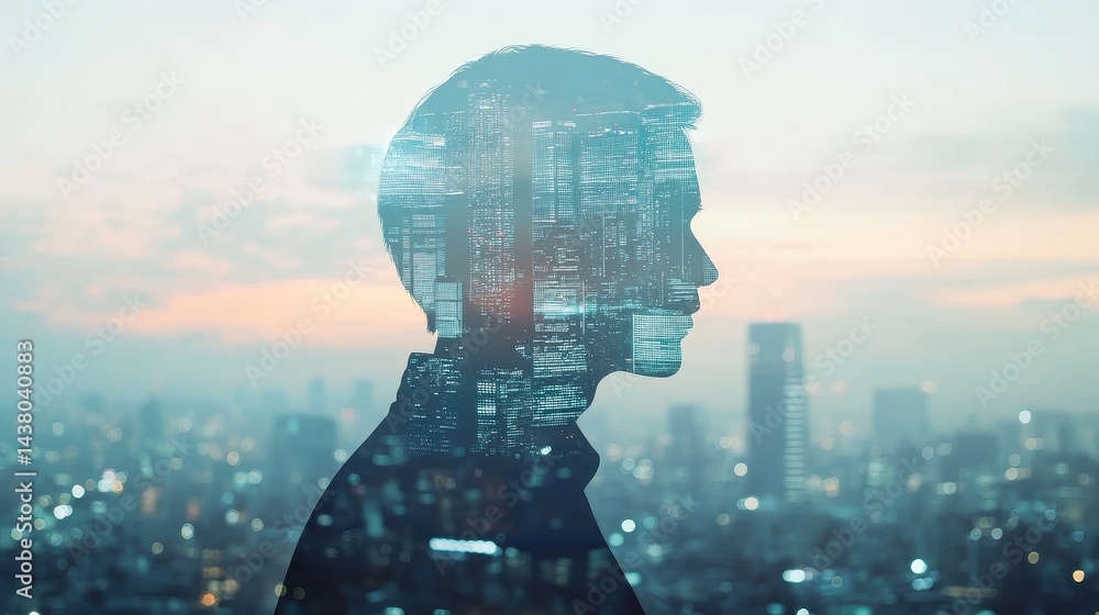 Double exposure of business theme hologram drawing and city veiw background. Concept of success.