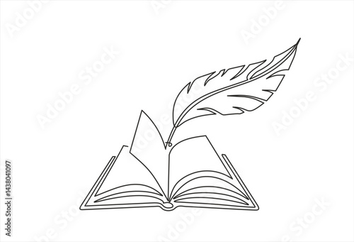 World Poetry Day. Abstract antique ink pen for writing and open book, continuous single one line art hand drawing sketch logo