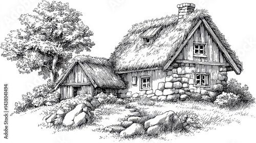 Rustic Thatched Cottage Sketch in Black and White