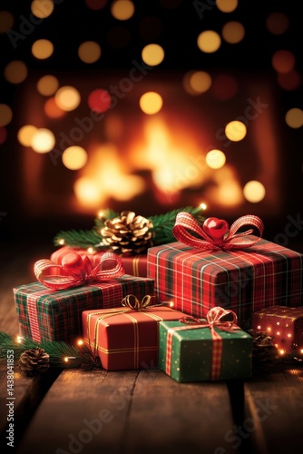 Festive Christmas gifts wrapped in plaid paper sit by a cozy fireplace, surrounded by pinecones and holiday lights.