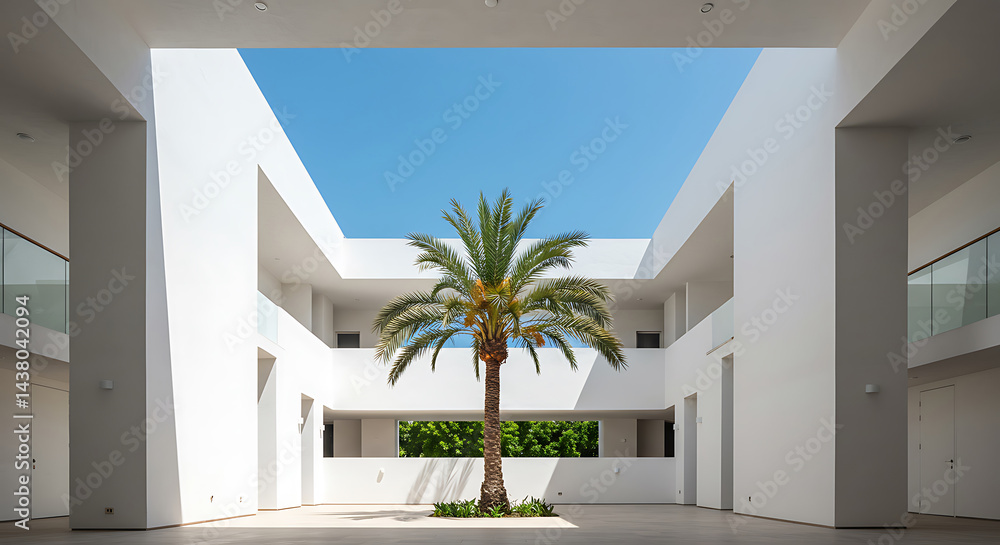 Fototapeta premium Bright Modern White Courtyard with Tall Palm Tree and Clear Blue Sky Overhead, concept for resort hotel, luxury real estate and architectural design showcase