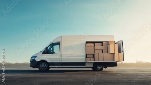 A white delivery van loaded with cardboard boxes, parked on an open road under a clear sky.