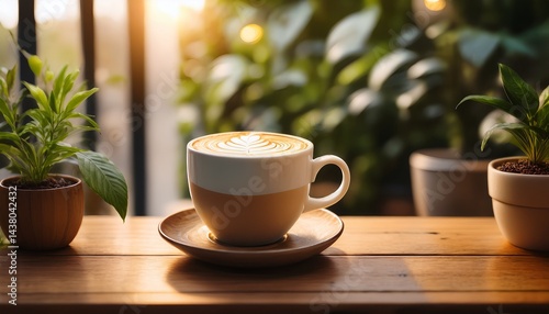 Wallpaper Mural a cozy coffee cup with latte art sits on a wooden table surrounded by indoor plants in a warm cafe ambiance Torontodigital.ca