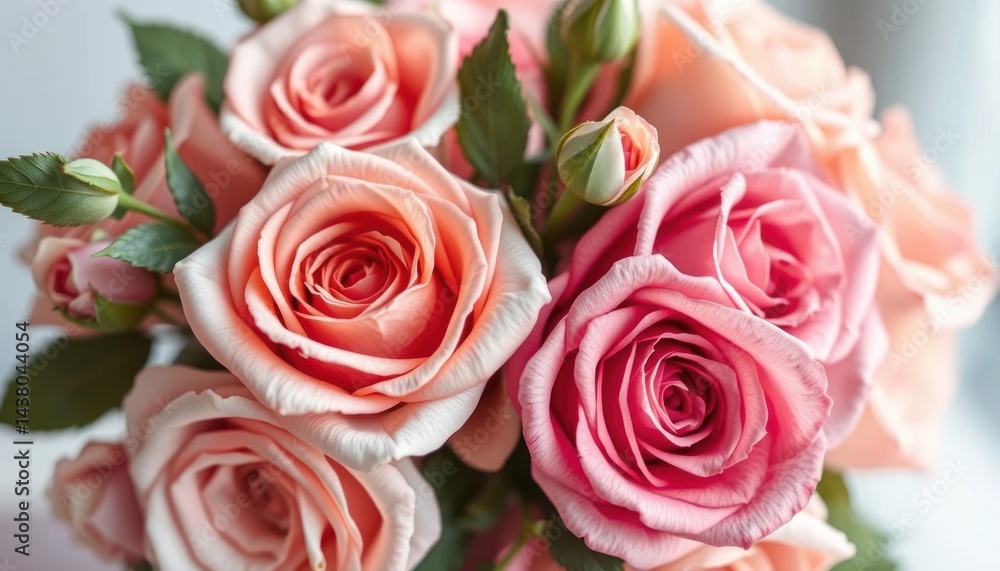 Captivating close-up of vibrant pink and peach roses in full bloom, creating a luxurious and romantic floral arrangement Captivating close-up of vibrant pink and peach roses in full bloom, creating a luxurious and romantic floral arrangement
