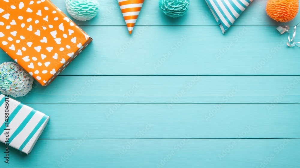 Fototapeta premium Colorful party decorations and gifts on a blue wooden background with space in the center.