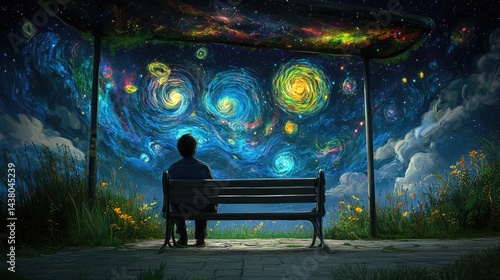 A lone person gazes at swirling galaxies from a quiet bus stop under a vast night sky