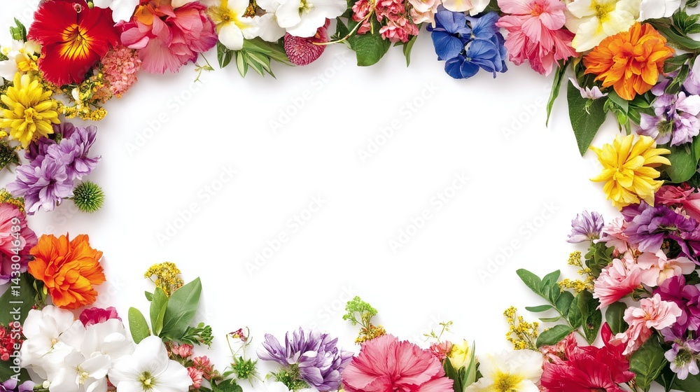 Colorful flower frame arrangement with various blossoms and green leaves on a white background space Colorful flower frame arrangement with various blossoms and green leaves on a white background space