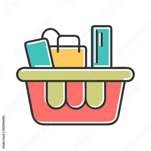 shopping basket with various items, representing retail and consumer goods concept, copy space
