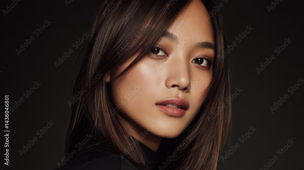 Fototapeta premium Closeup Portrait of a Young Woman with Brown Hair Against a Dark Background