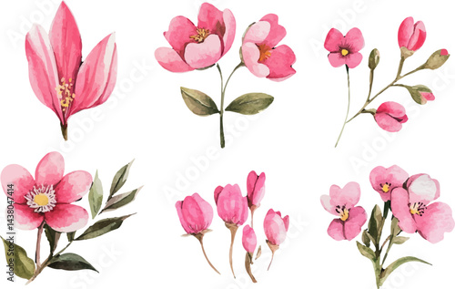 Wallpaper Mural watercolor set of pink flowers Torontodigital.ca