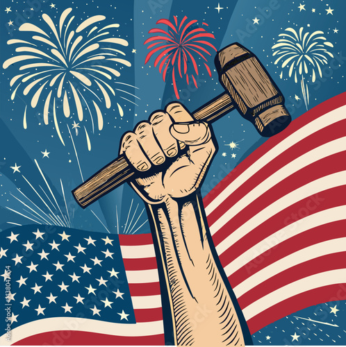 Happy Labor Day Celebrating The Dignity Of Work .,Happy Labor Day Patriotic Illustration With Clenched Fist Holding Hammer 
